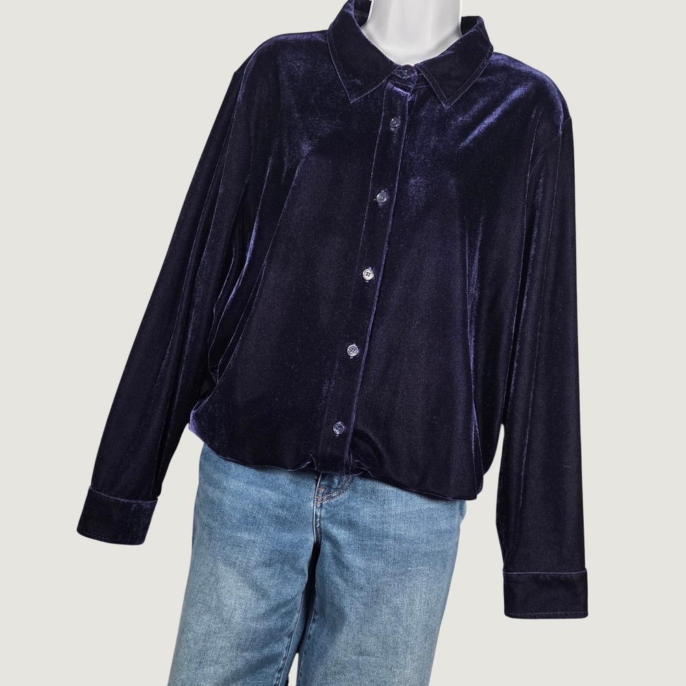 Soft Surroundings Women 1X Velvet Button Down Long Sleeve Shirt Navy Blue Winter